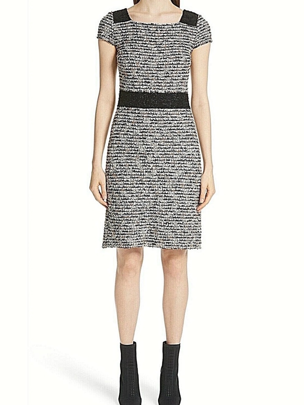 St. John Tweed Sheath Dress with Black Waistband